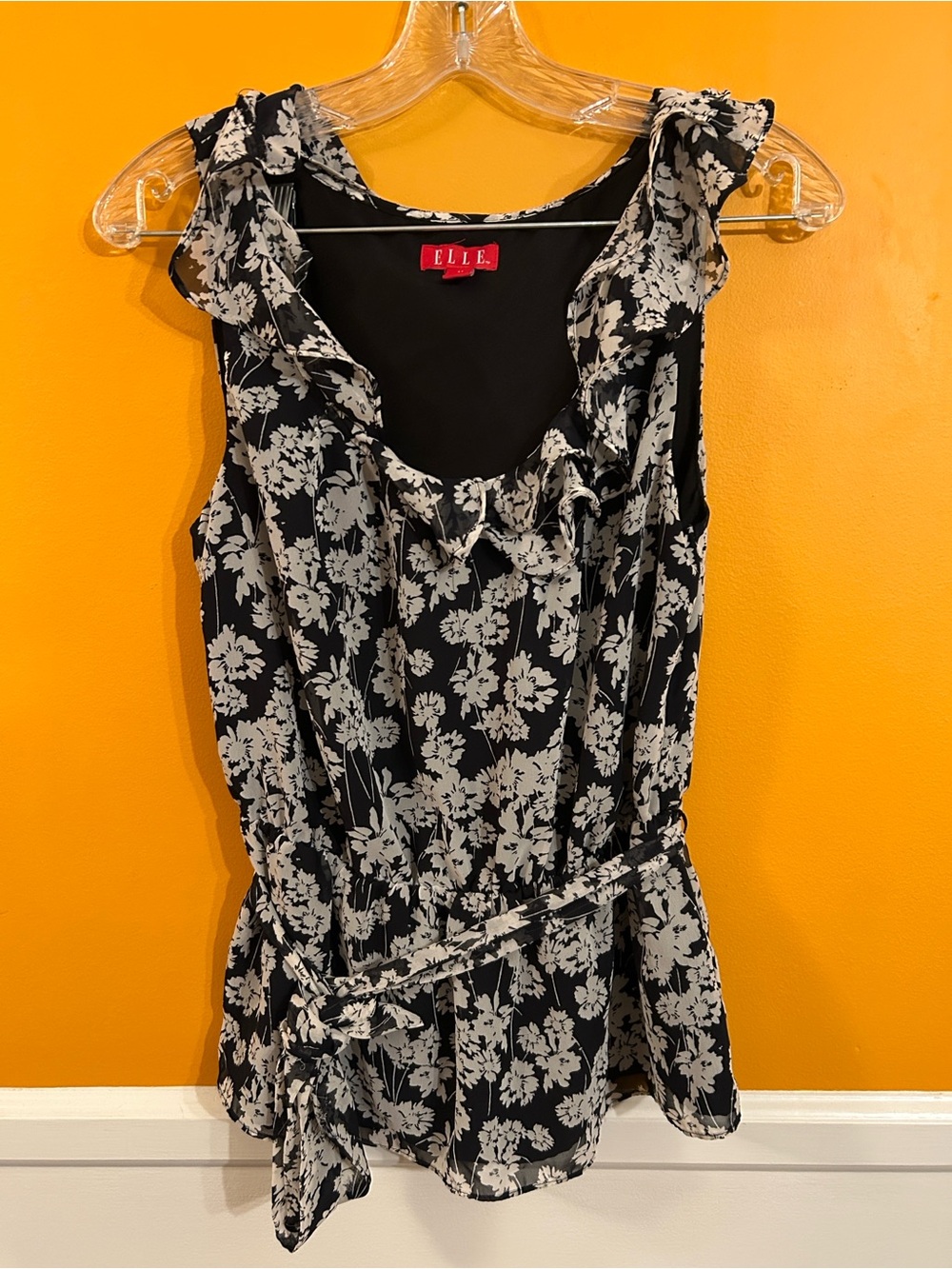 Elle Black and White Floral Ruffle Tie-Waist Top